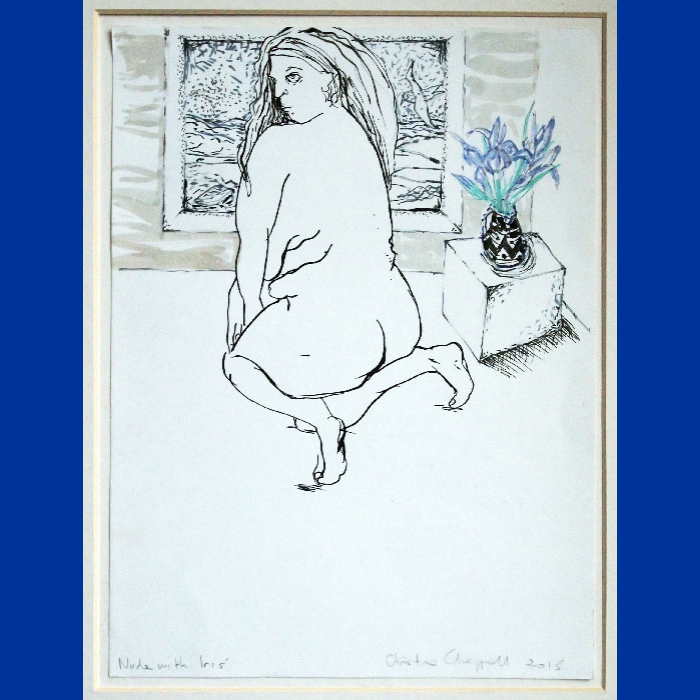 Nude with Iris', ink drawing with watercolour