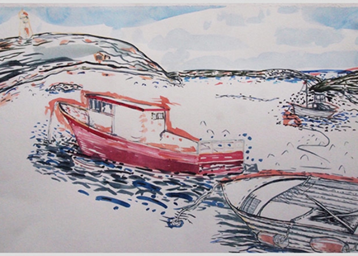 Red Boat : Currie Harbour, watercolour painting